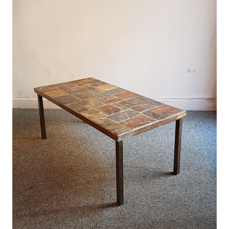 Vintage coffee table in slate and brushed metal 1960