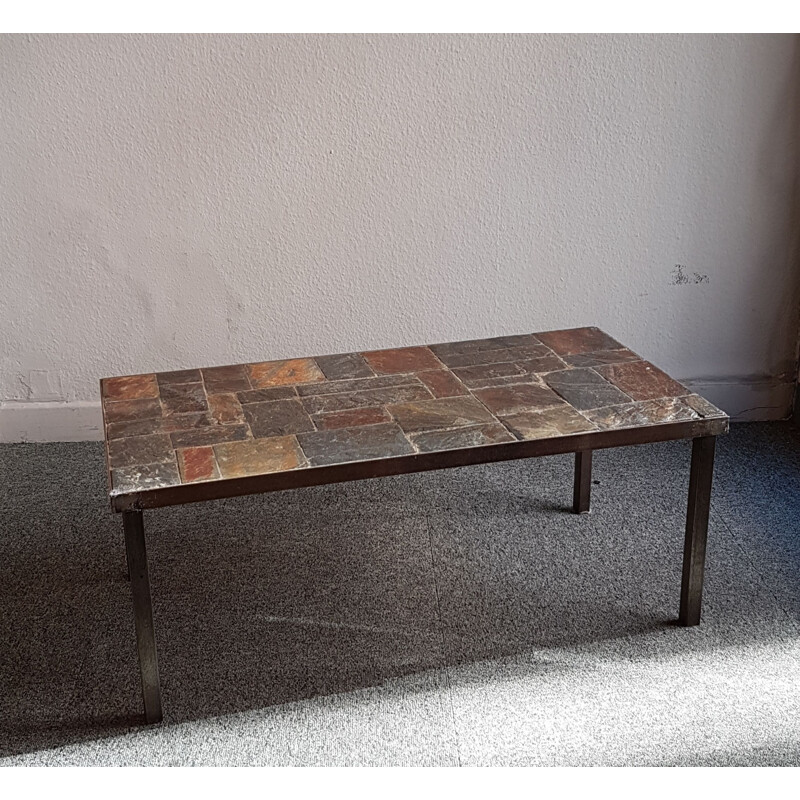 Vintage coffee table in slate and brushed metal 1960