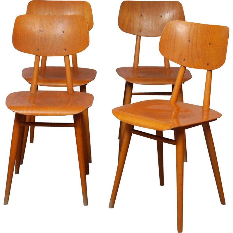 Suite of 4 vintage wooden chairs for the publisher Ton, 1960