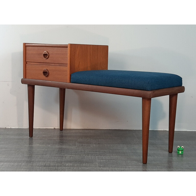 Vintage Norwegian teak and blue fabric telephone bench by Gandall Møbelfabrikk 1960s