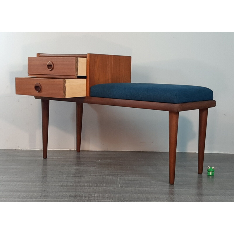 Vintage Norwegian teak and blue fabric telephone bench by Gandall Møbelfabrikk 1960s