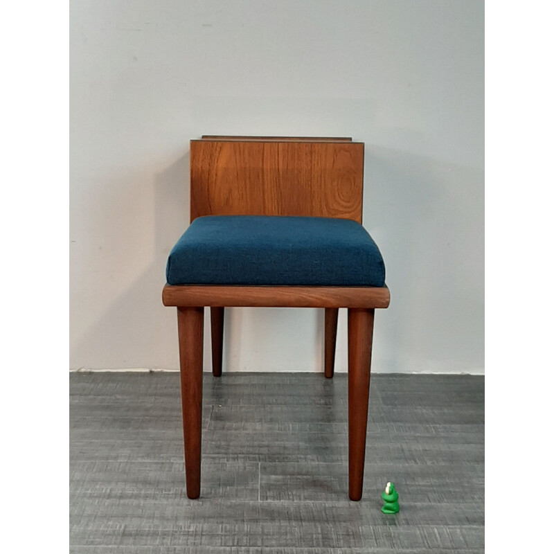 Vintage Norwegian teak and blue fabric telephone bench by Gandall Møbelfabrikk 1960s