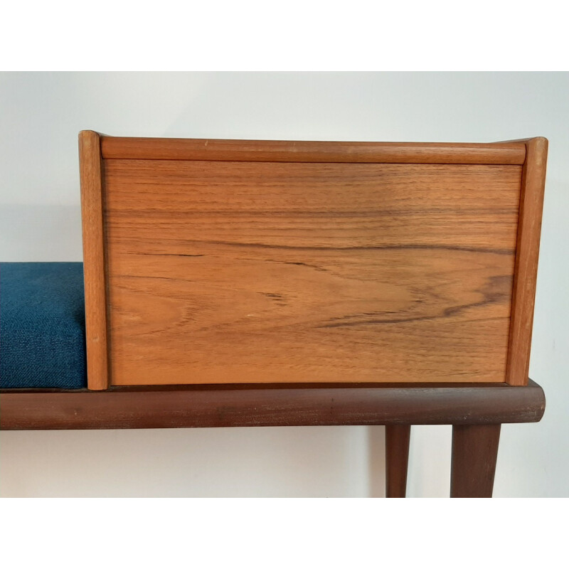 Vintage Norwegian teak and blue fabric telephone bench by Gandall Møbelfabrikk 1960s