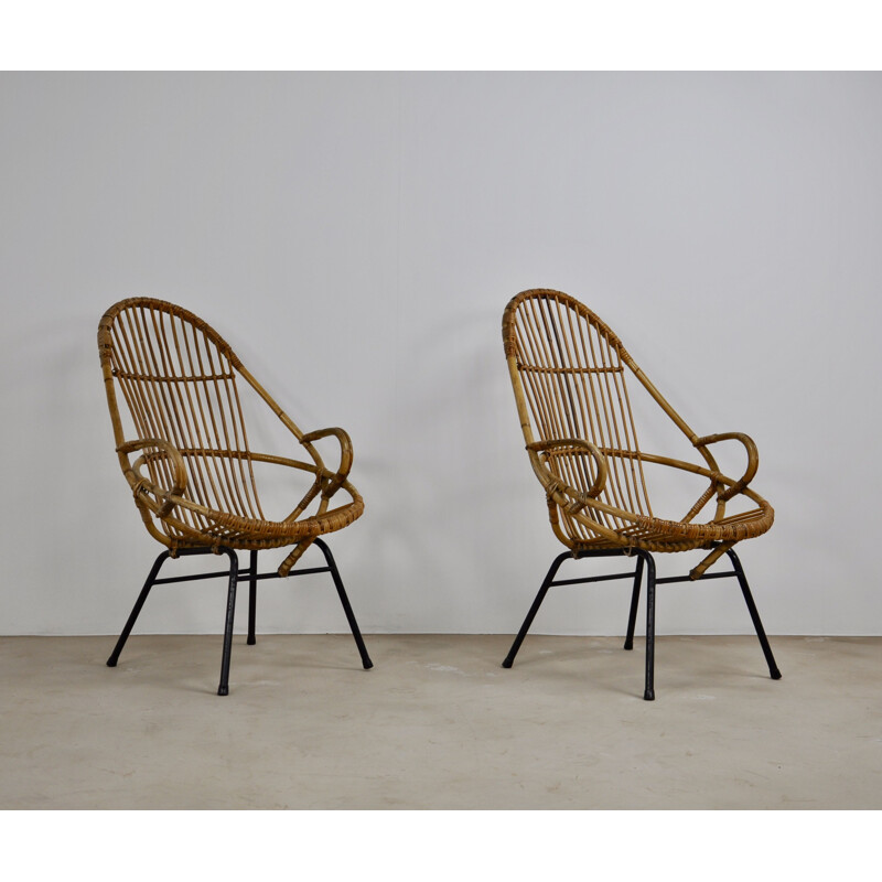 Pair of vintage rattan lounge armchairs by Rohe Noordwolde, 1960