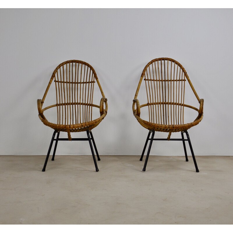 Pair of vintage rattan lounge armchairs by Rohe Noordwolde, 1960