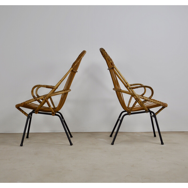 Pair of vintage rattan lounge armchairs by Rohe Noordwolde, 1960