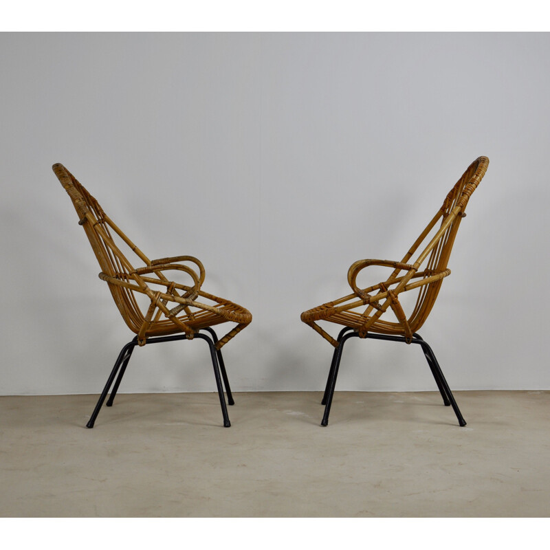 Pair of vintage rattan lounge armchairs by Rohe Noordwolde, 1960