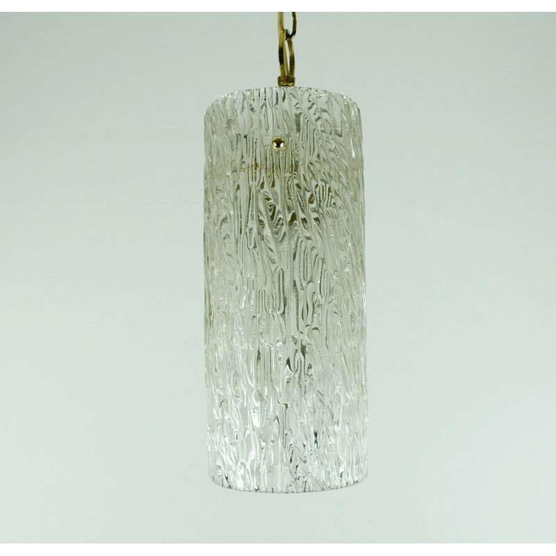 Vintage kalmar franken ice glass textured glass and brass hanging lamp, 1950