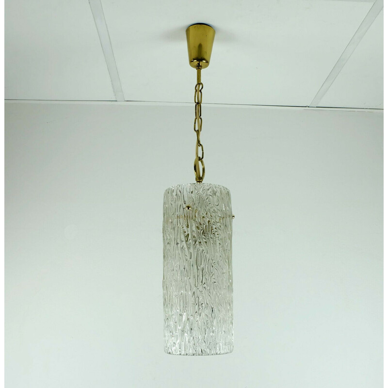 Vintage kalmar franken ice glass textured glass and brass hanging lamp, 1950