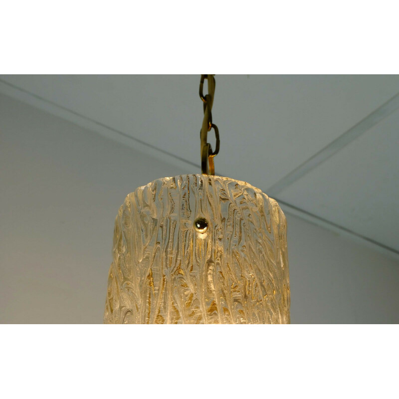 Vintage kalmar franken ice glass textured glass and brass hanging lamp, 1950