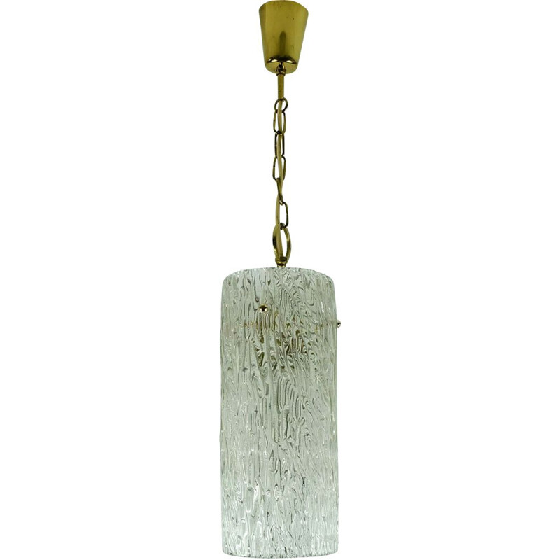 Vintage kalmar franken ice glass textured glass and brass hanging lamp, 1950