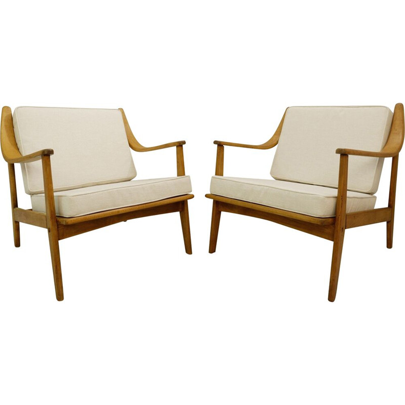 Pair of vintage armchairs with new beige upholstery 