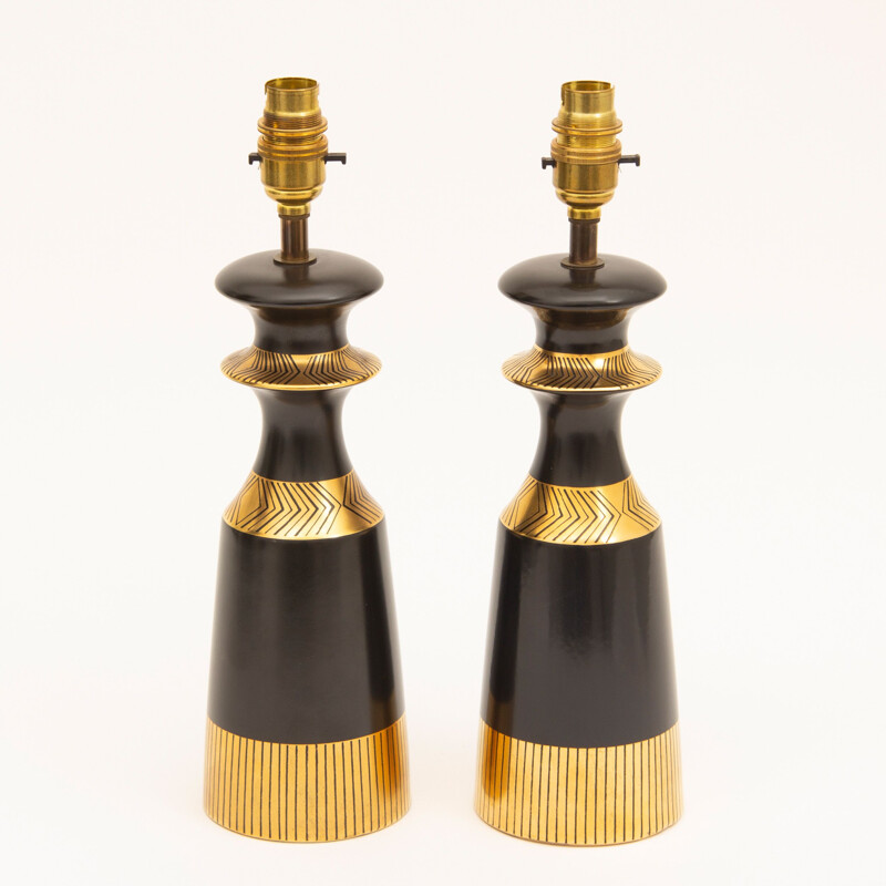 Pair of vintage black table lamps with gold design from Crown Devon Memphis Range