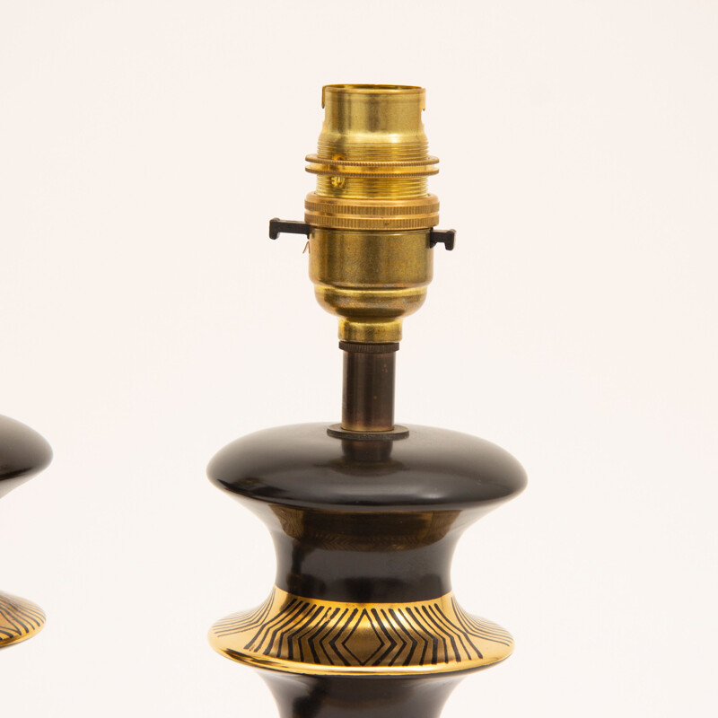 Pair of vintage black table lamps with gold design from Crown Devon Memphis Range