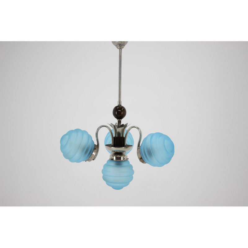 Blue vintage Art Deco Chandelier ,Czechoslovakia, 1930s