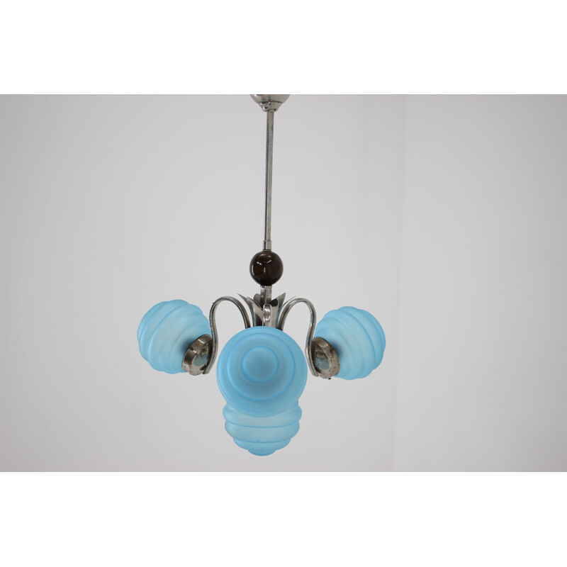 Blue vintage Art Deco Chandelier ,Czechoslovakia, 1930s