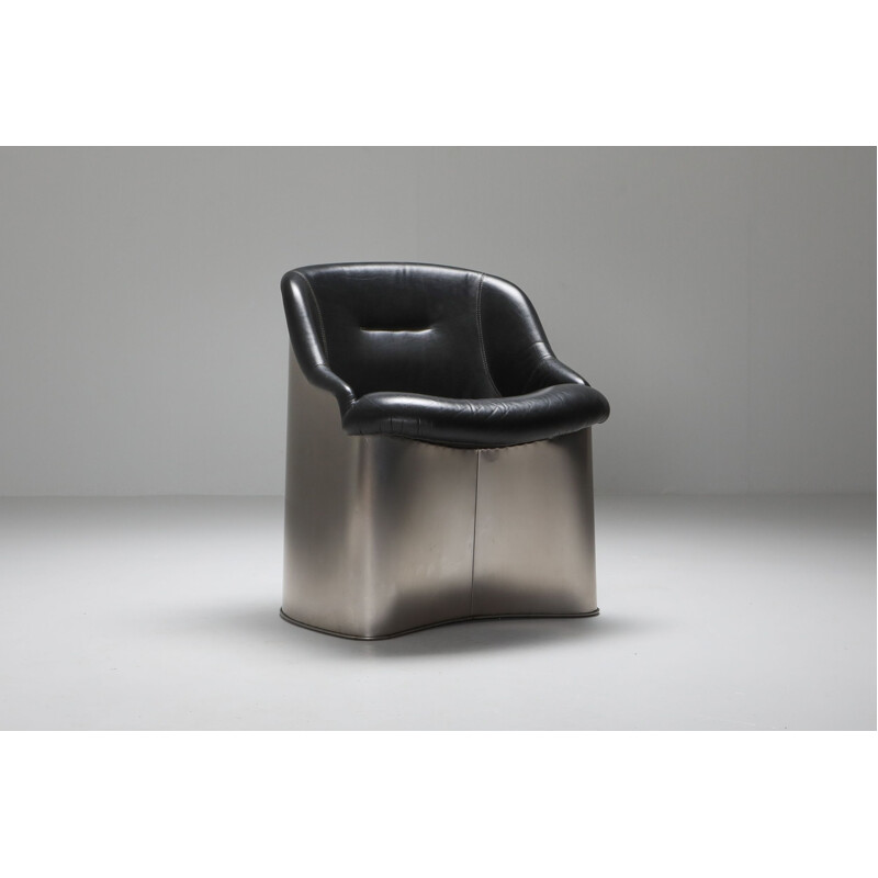 Vintage Boris Tabaccof leather and metal easy chair, 1970