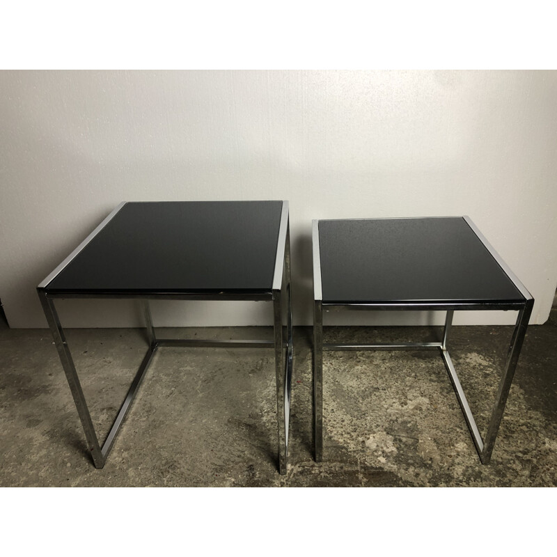 Chrome-plated aluminium nesting tables with black glass top, 1980