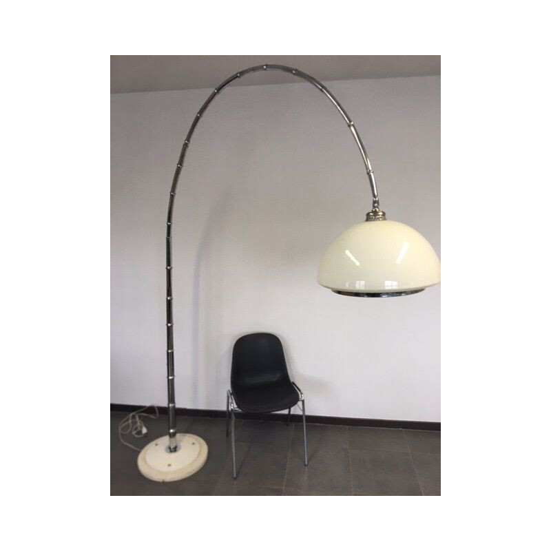 Vintage floor lamp in chrome plated bamboo and opaline, 1970