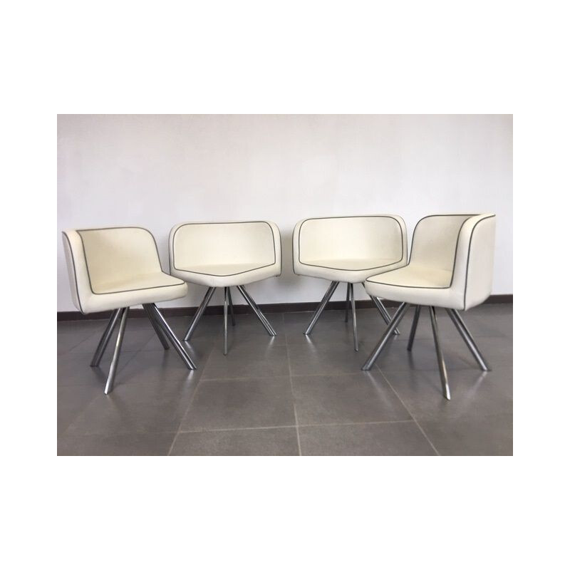 Suite de 4 fauteuils vintage, design memphis en simili cuir et chrome, 1980
