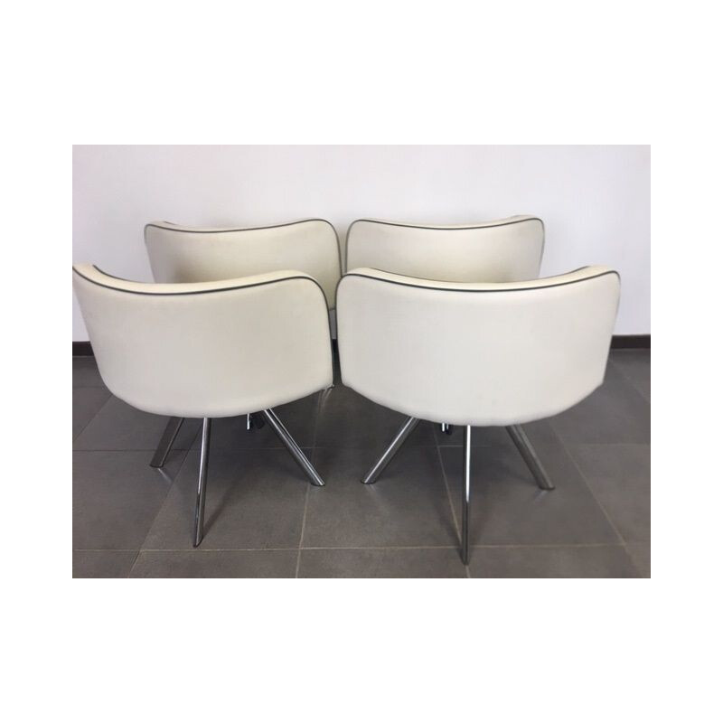 Suite of 4 vintage armchairs, memphis design in imitation leather and chrome, 1980