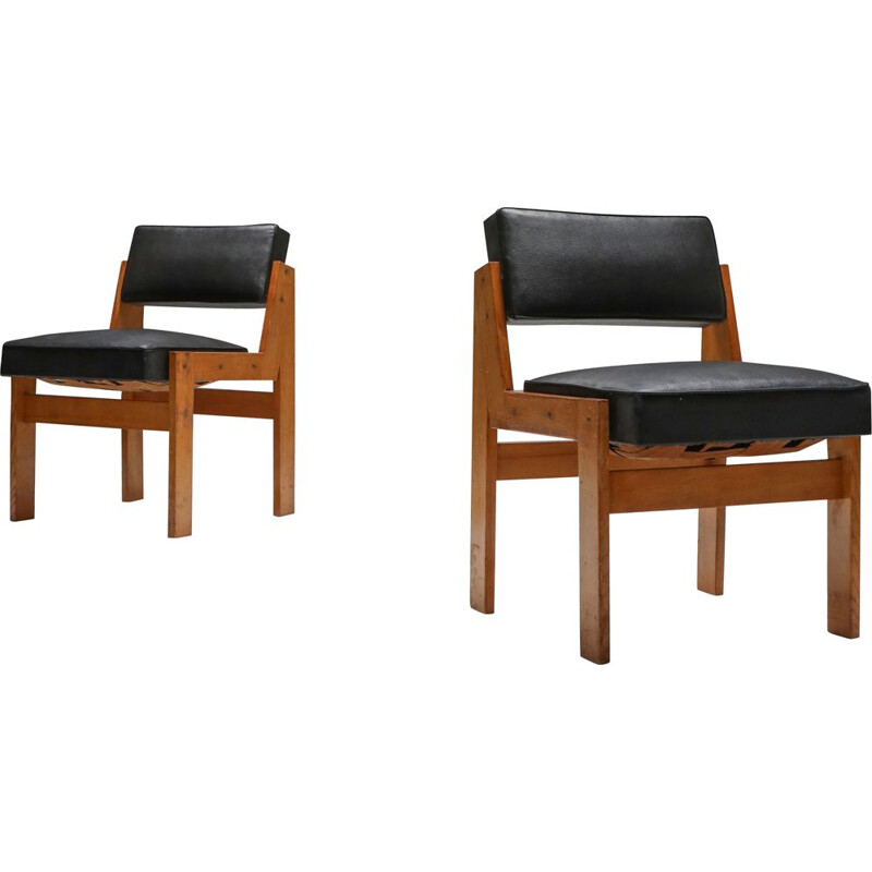 Pair of oak and vinyl armchairs by Wim den Boon, 1950s