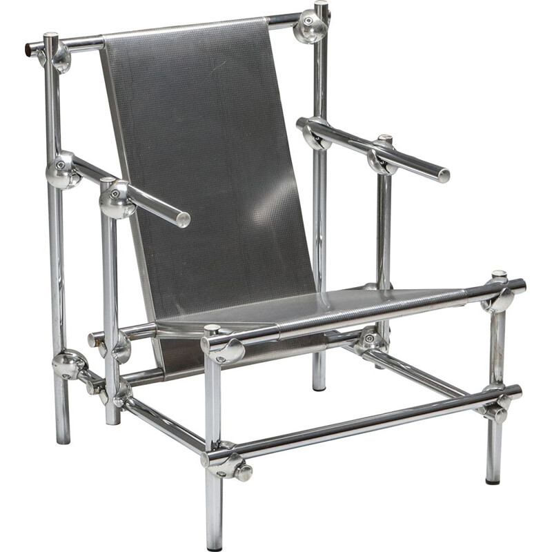 Vintage Rietveld style chromed metal lounge chair, 1970