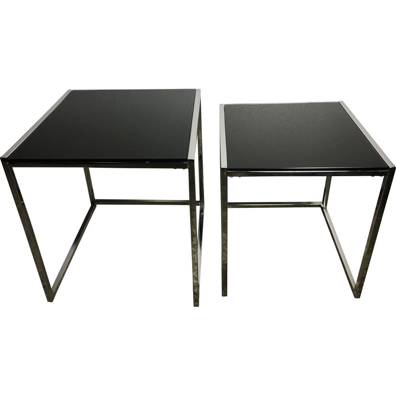 Chrome-plated aluminium nesting tables with black glass top, 1980