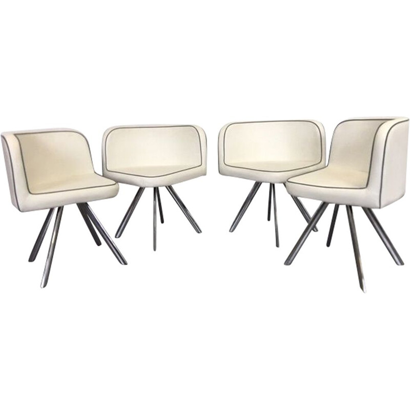 Suite de 4 fauteuils vintage, design memphis en simili cuir et chrome, 1980