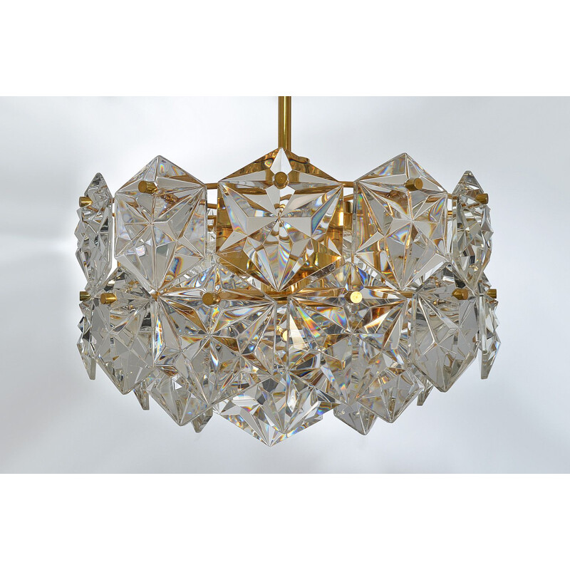 3-Tiered gilded brass vintage chandelier with 41 crystal pieces from Kinkeldey, 1970s