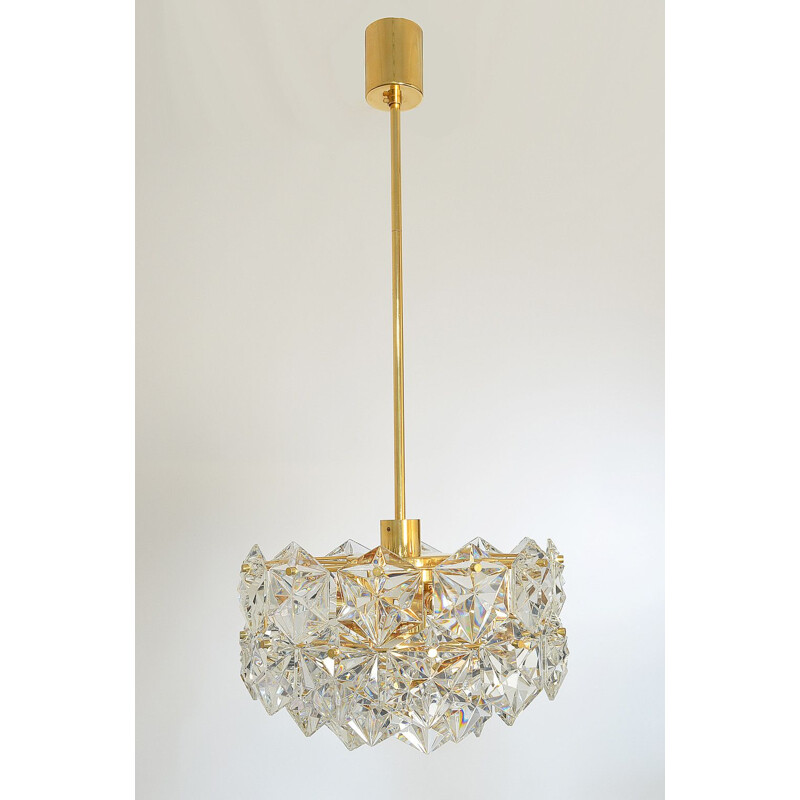 3-Tiered gilded brass vintage chandelier with 41 crystal pieces from Kinkeldey, 1970s