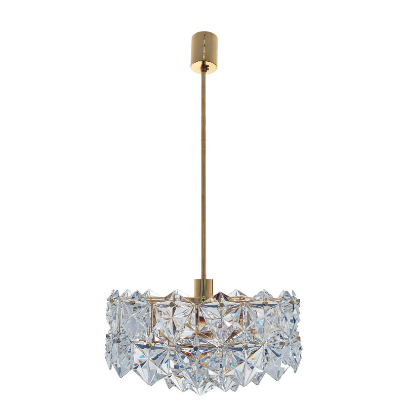  Vintage 3-tiered chandelier with 46 faceted crystals and gilt brass, from Kinkeldey, 1970s