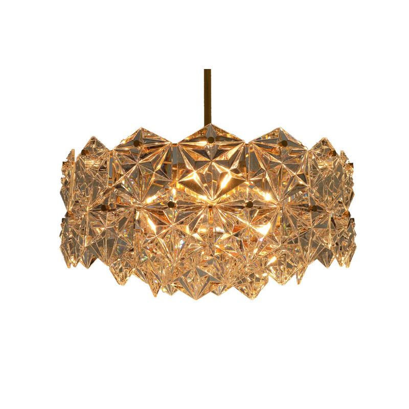  Vintage 3-tiered chandelier with 46 faceted crystals and gilt brass, from Kinkeldey, 1970s