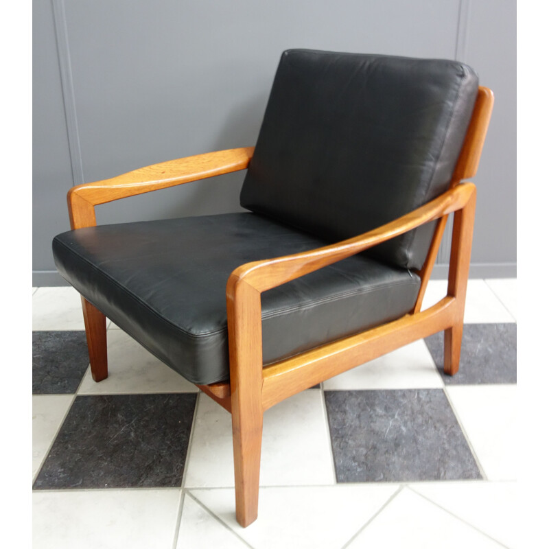 Vintage black leather and teak relax chair, Denmark, 1960s