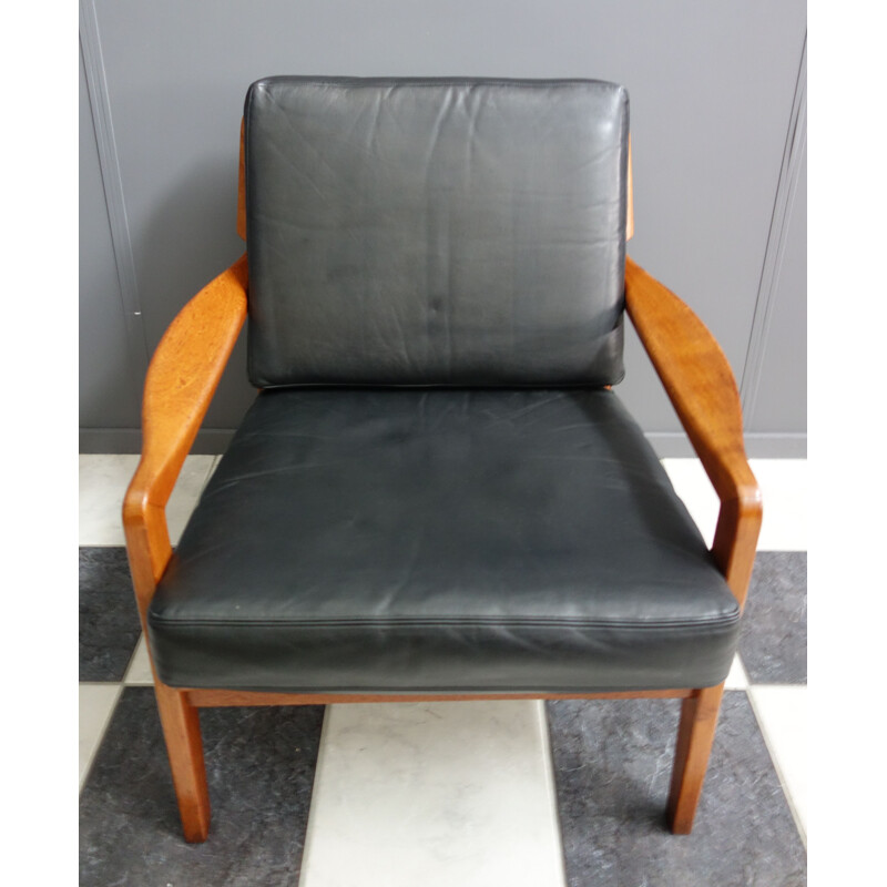 Vintage black leather and teak relax chair, Denmark, 1960s