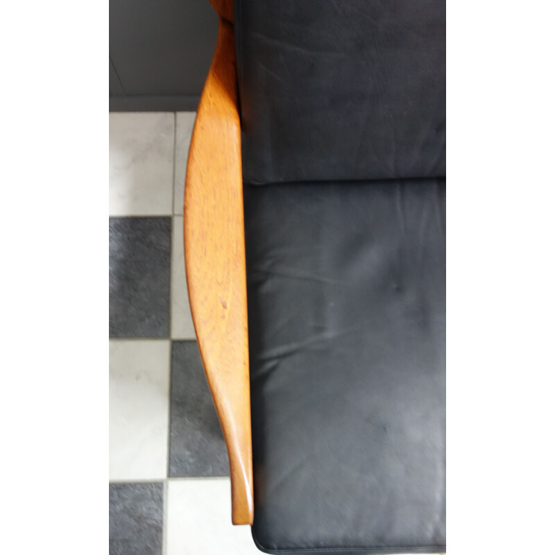 Vintage black leather and teak relax chair, Denmark, 1960s