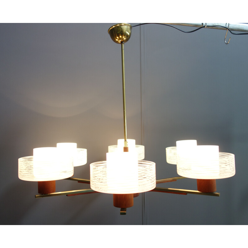 Vintage teak and brass Danish 6 arm ceiling lamp with 6 glass shades