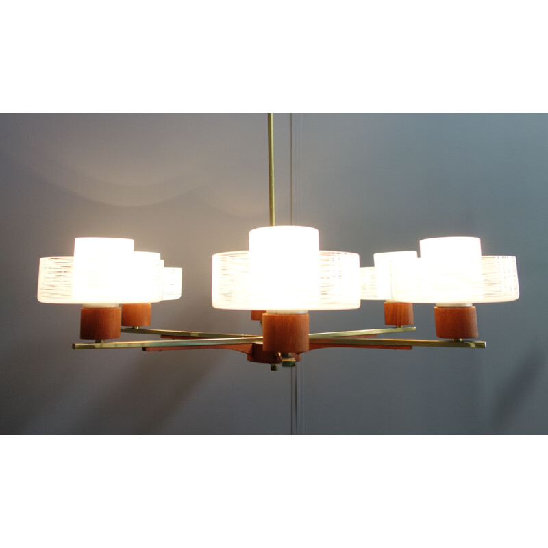 Vintage teak and brass Danish 6 arm ceiling lamp with 6 glass shades