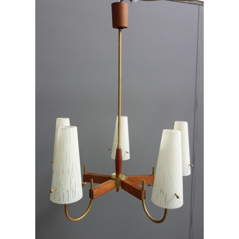 Vintage Danish teak and glass ceiling lamp with 5 arms, 1960s