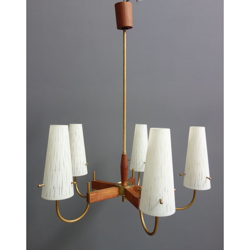 Vintage Danish teak and glass ceiling lamp with 5 arms, 1960s