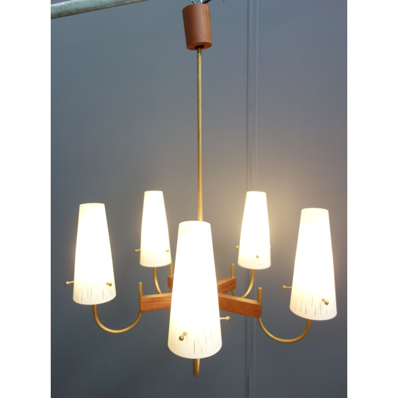 Vintage Danish teak and glass ceiling lamp with 5 arms, 1960s