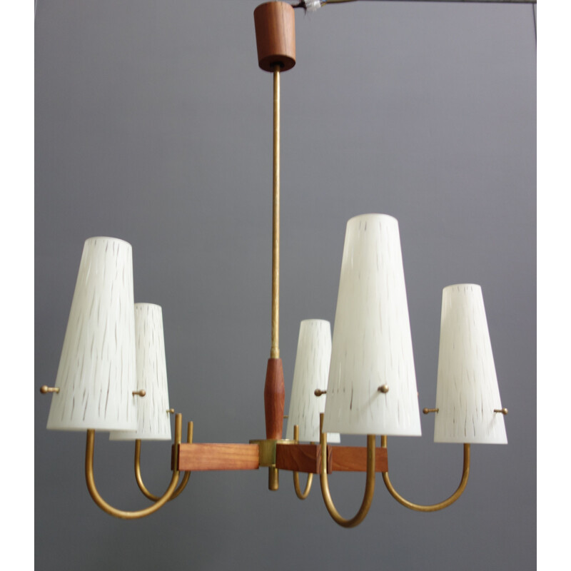 Vintage Danish teak and glass ceiling lamp with 5 arms, 1960s