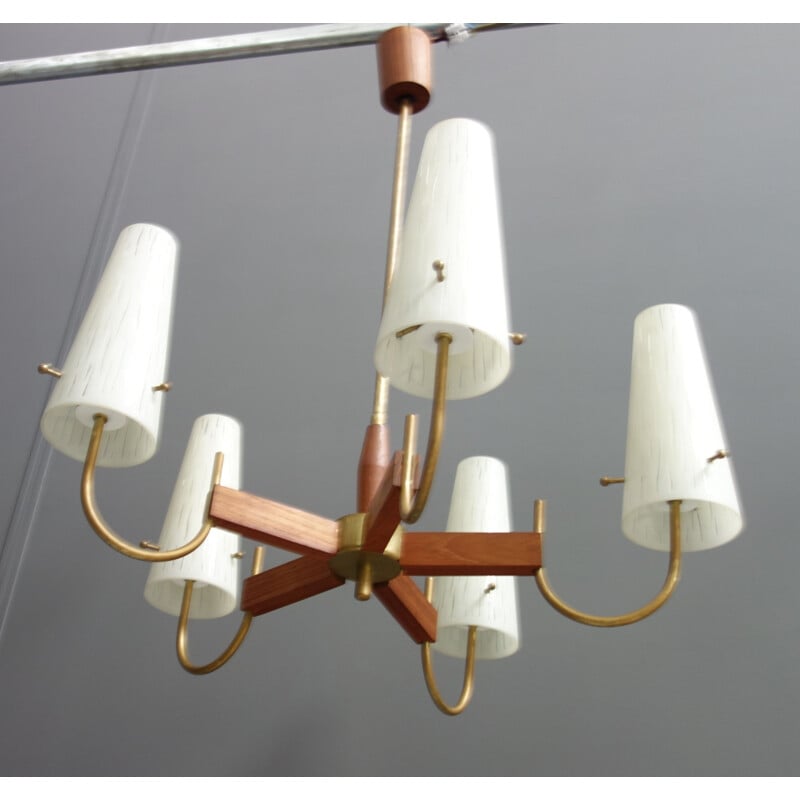 Vintage Danish teak and glass ceiling lamp with 5 arms, 1960s