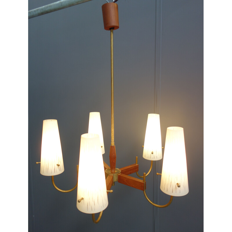 Vintage Danish teak and glass ceiling lamp with 5 arms, 1960s