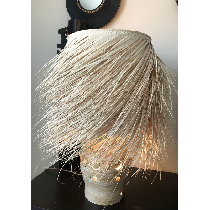 Lampe vintage Georges Pelletier à double éclairage et abat jour en fibre de palmier naturel, 1960
