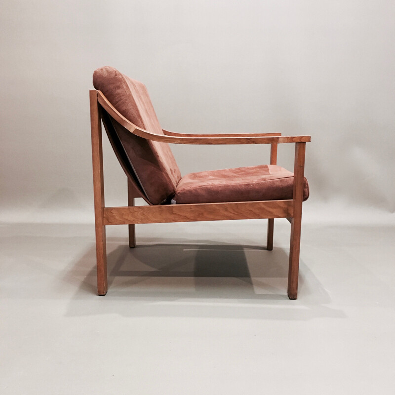 Fauteuil vintage en teck couleur camel, design scandinave, 1950