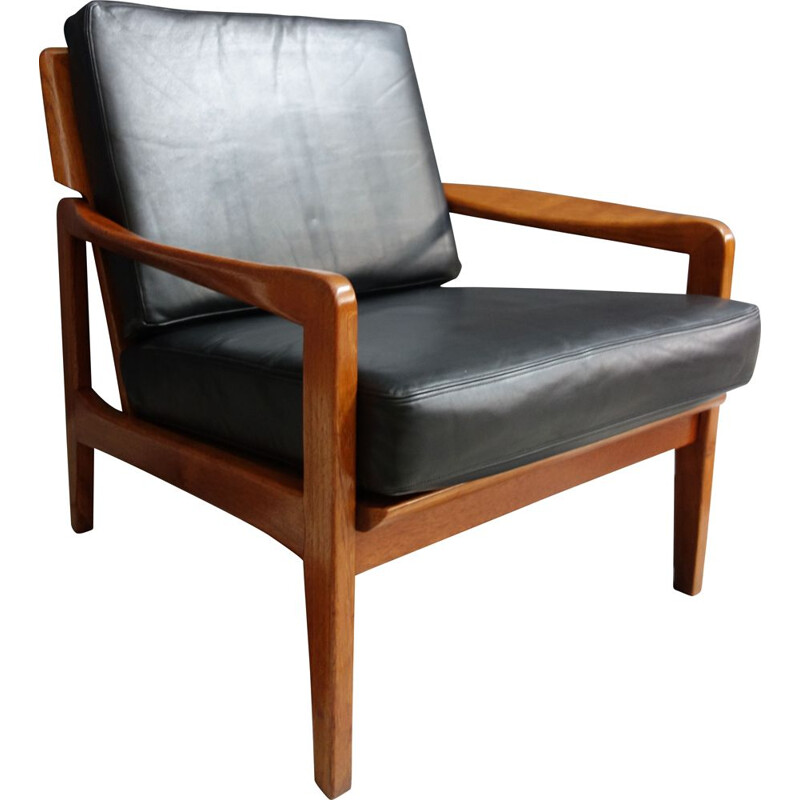 Vintage black leather and teak relax chair, Denmark, 1960s