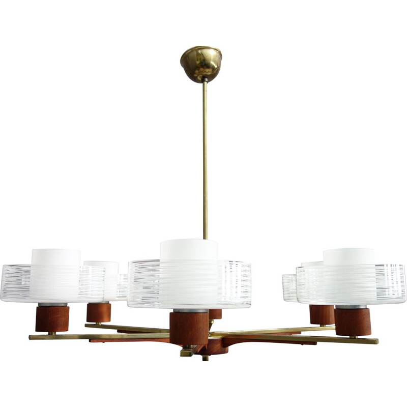 Vintage teak and brass Danish 6 arm ceiling lamp with 6 glass shades