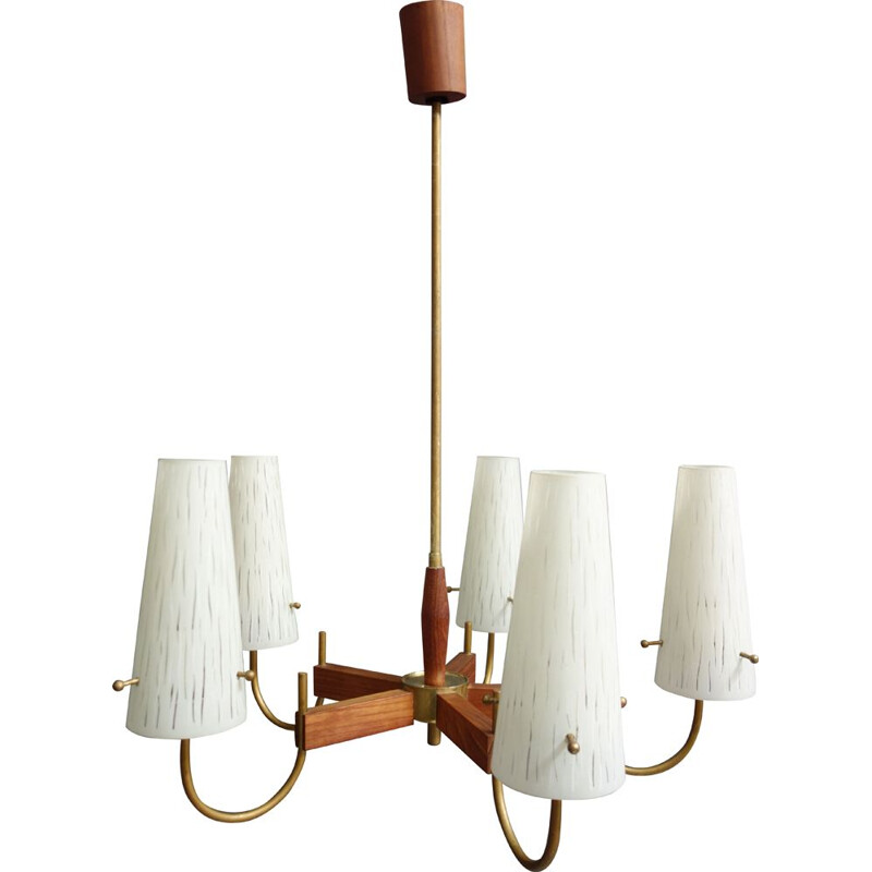 Vintage Danish teak and glass ceiling lamp with 5 arms, 1960s