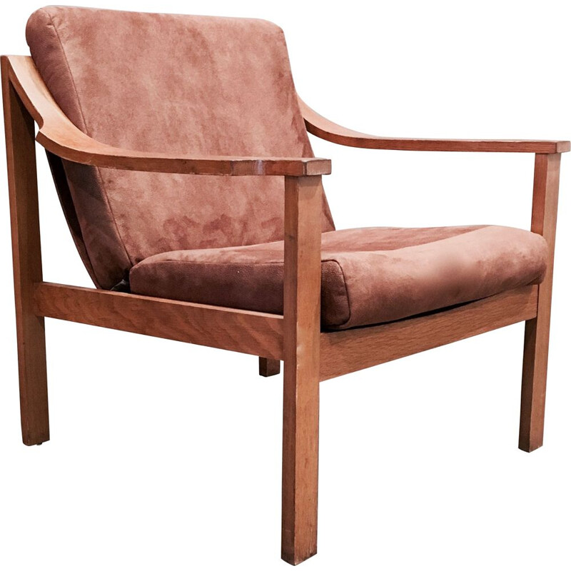 Fauteuil vintage en teck couleur camel, design scandinave, 1950